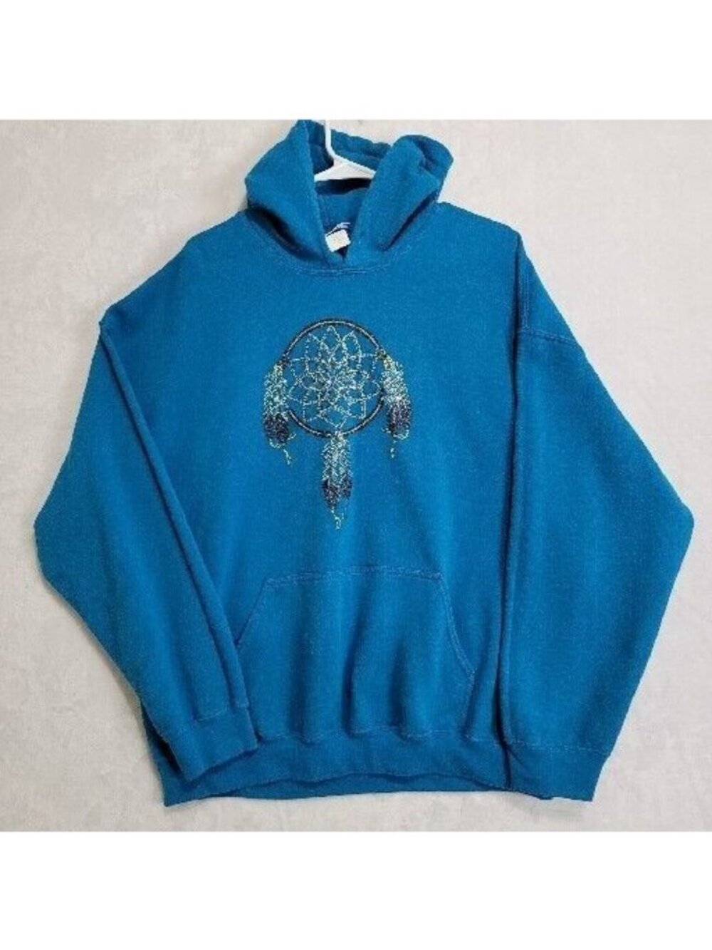 VTG Native Rhinestone DreamCatcher Pullover Hoodie Unisex Size XL Bright Blue